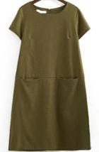 Romwe Short Sleeve With Pockets Shift Green Dress