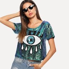Romwe Eye Pattern Sequin Blouse