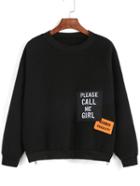 Romwe Letter Embroidered Patch Zippers Black Sweatshirt