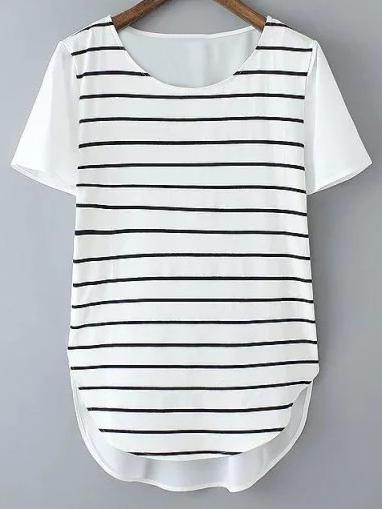 Romwe Black White Dolphin Hem Snap Closure Side Stripe Blouse