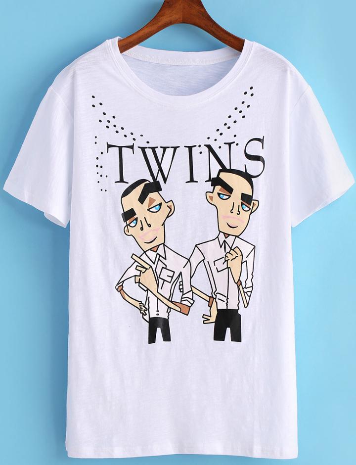 Romwe Letter Cartoon Print T-shirt