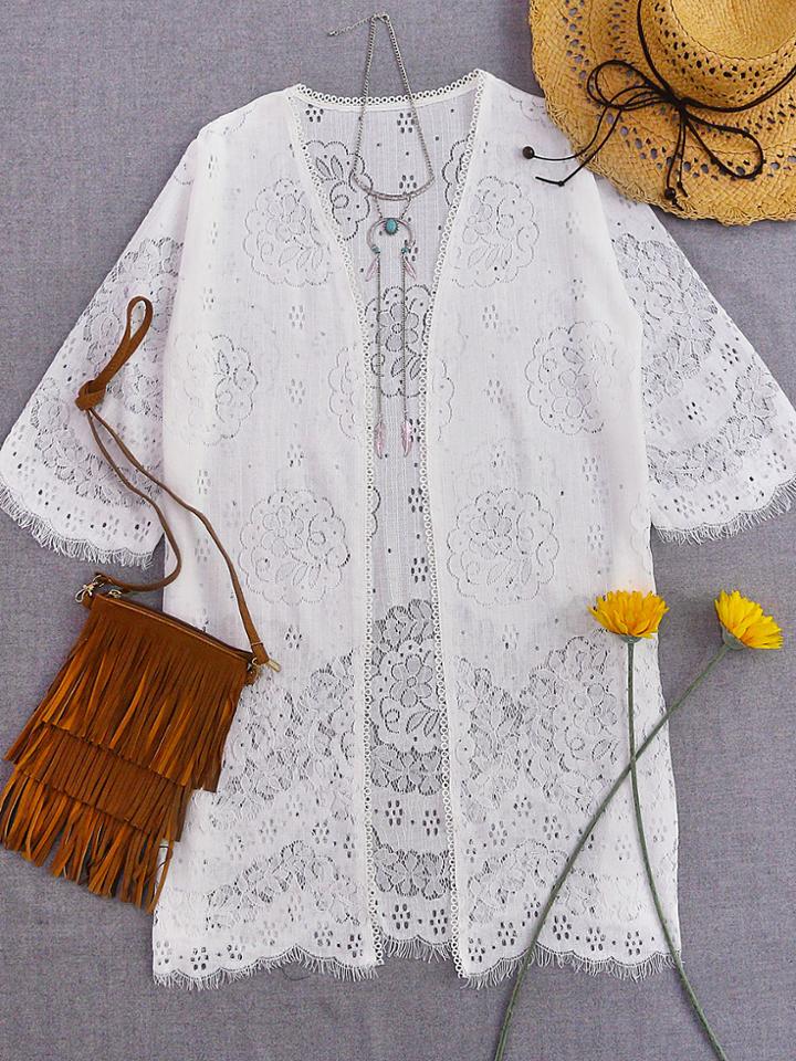 Romwe White Soluble Flower Eyelash Lace Cover Up