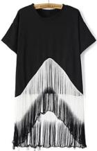 Romwe With Tassel Ombre Black T-shirt