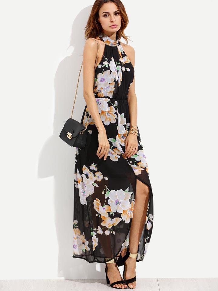 Romwe Black Flower Print Halter Neck Slit Chiffon Dress