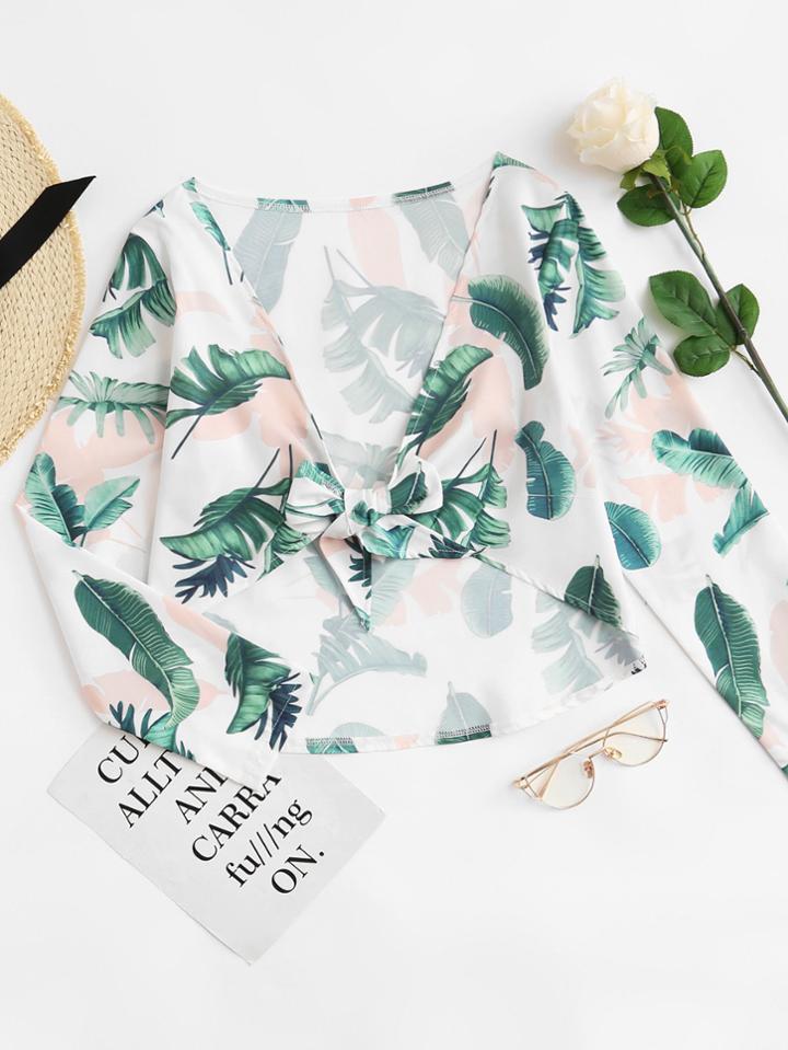 Romwe Dip Hem Tropical Print Top
