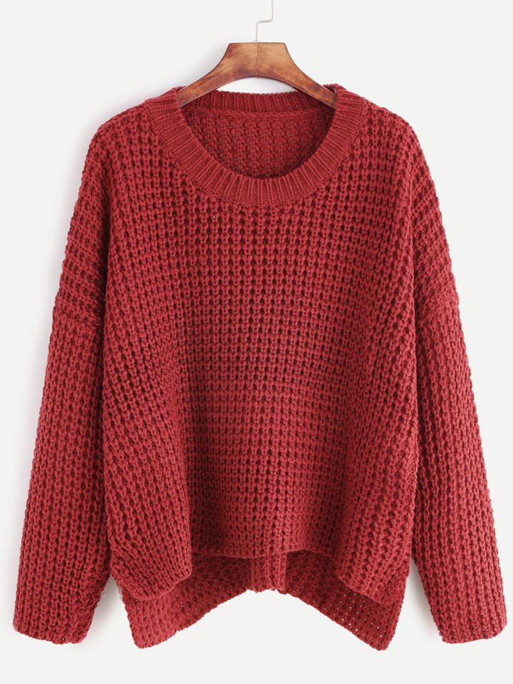 Romwe Burgundy Drop Shoulder Slit Side High Low Sweater