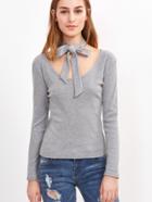 Romwe Grey Scoop Neck T-shirt With Bow Tie Choker Neck