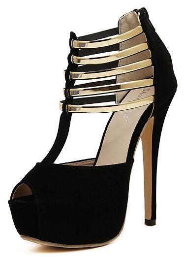 Romwe Black Metal Embellished Peep Toe Shoes