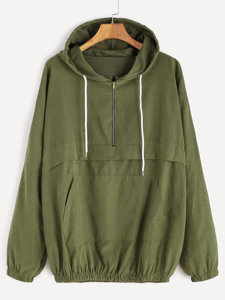 Romwe Army Green Drop Shoulder Zip Detail Pocket Drawstring Hoodie