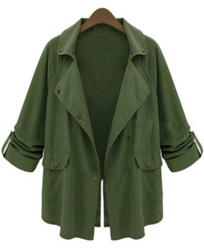 Romwe Notch Lapel Pockets Green Coat