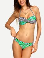 Romwe Mixed Leopard Print Bandeau Bikini Set - Green