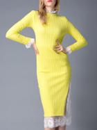 Romwe Yellow Long Sleeve Tie-waist Knit Contrast Lace Dress
