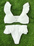 Romwe Frill Trim V Neckline Cute Swimwear Set
