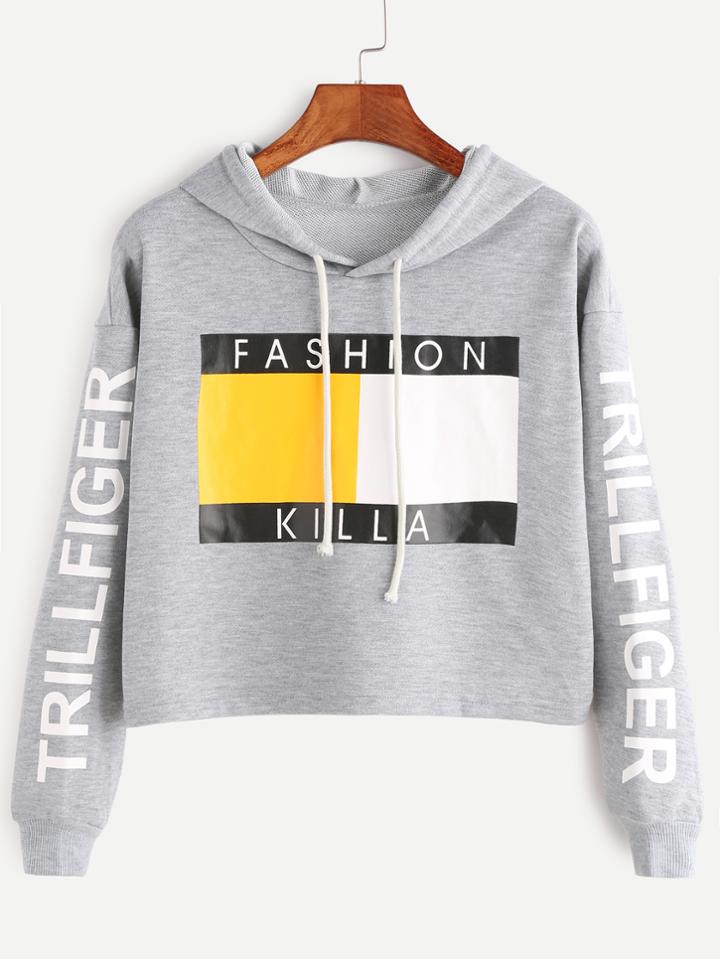 Romwe Heather Grey Letter Print Drop Shoulder Crop Hoodie