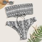 Romwe Snakeskin Print Lace-up Smocked Bandeau Bikini Set