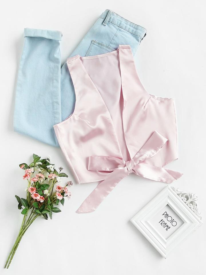 Romwe Plunging V Neckline Bow Tie Top
