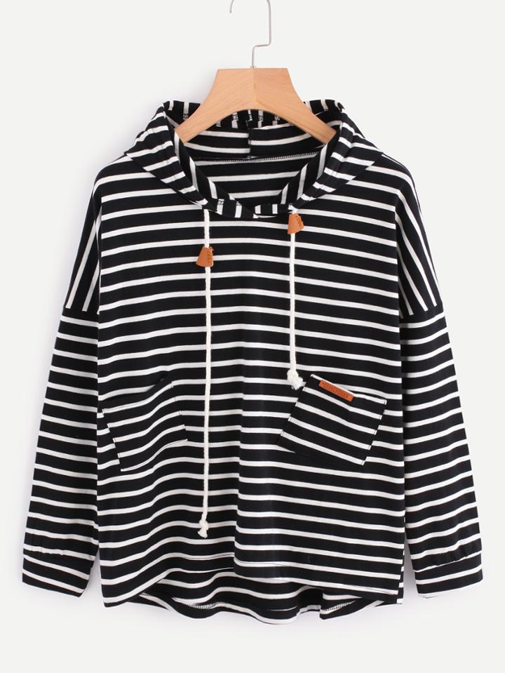 Romwe Contrast Stripe Drop Shoulder Dip Hem Hoodie