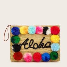 Romwe Pom-pom & Letter Decor Straw Clutch Bag