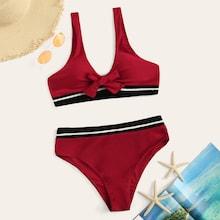 Romwe Knot Front Striped Tape Top With High Waist Bikini