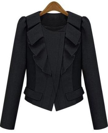 Romwe Flouncing Slim Crop Black Coat