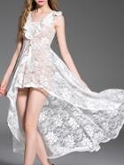 Romwe White Lace Up Embroidered High Low Dress