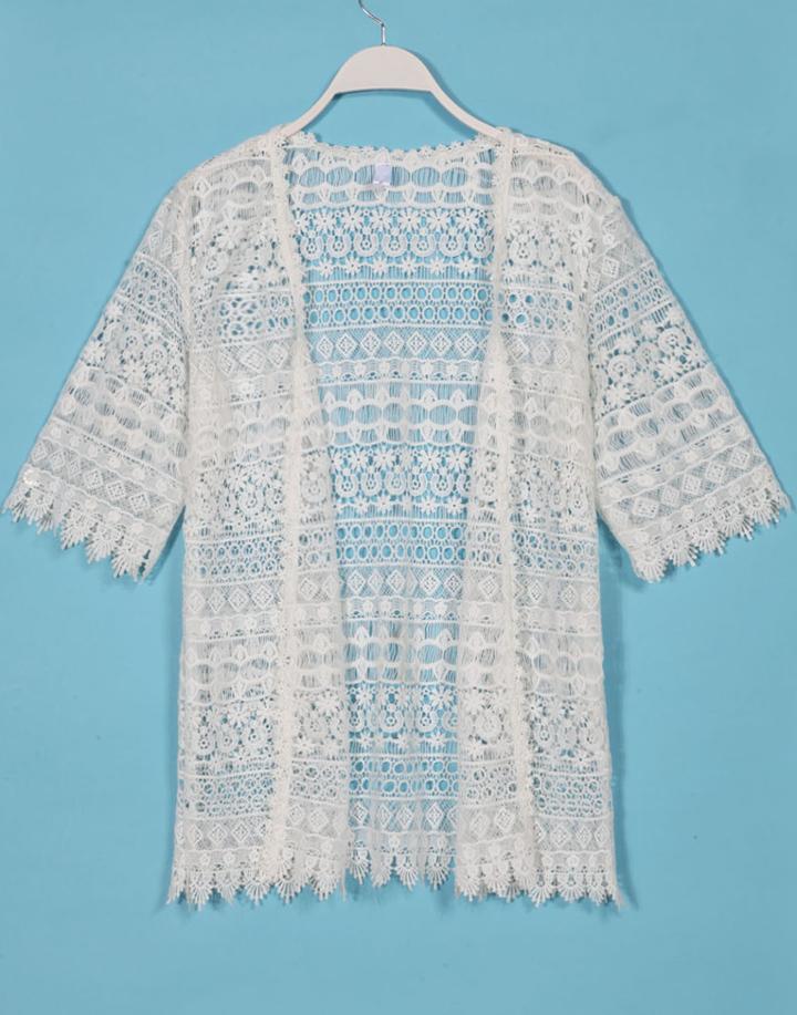 Romwe Embroidery Lace Short Sleeve Longline Open Top