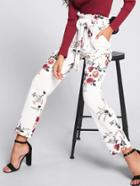 Romwe Self Belted Frill Detail Floral Pants
