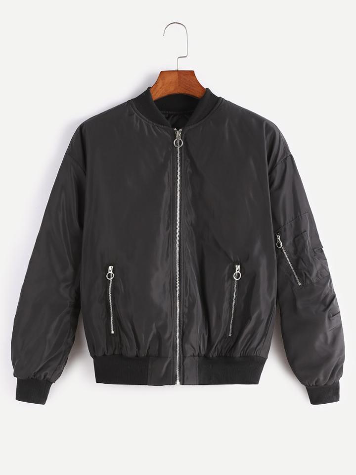 Romwe Black Zip Up Bomber Jacket With Arm Pocket