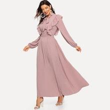 Romwe Tie Neck Fit And Flare Ruffle Dress