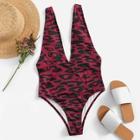 Romwe Leopard Open Back One Piece Swimwear