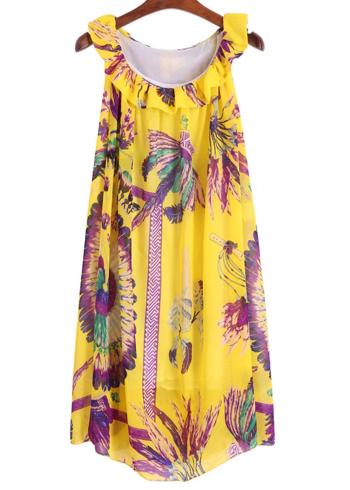 Romwe Round Neck Ruffle Florals Chiffon Dress