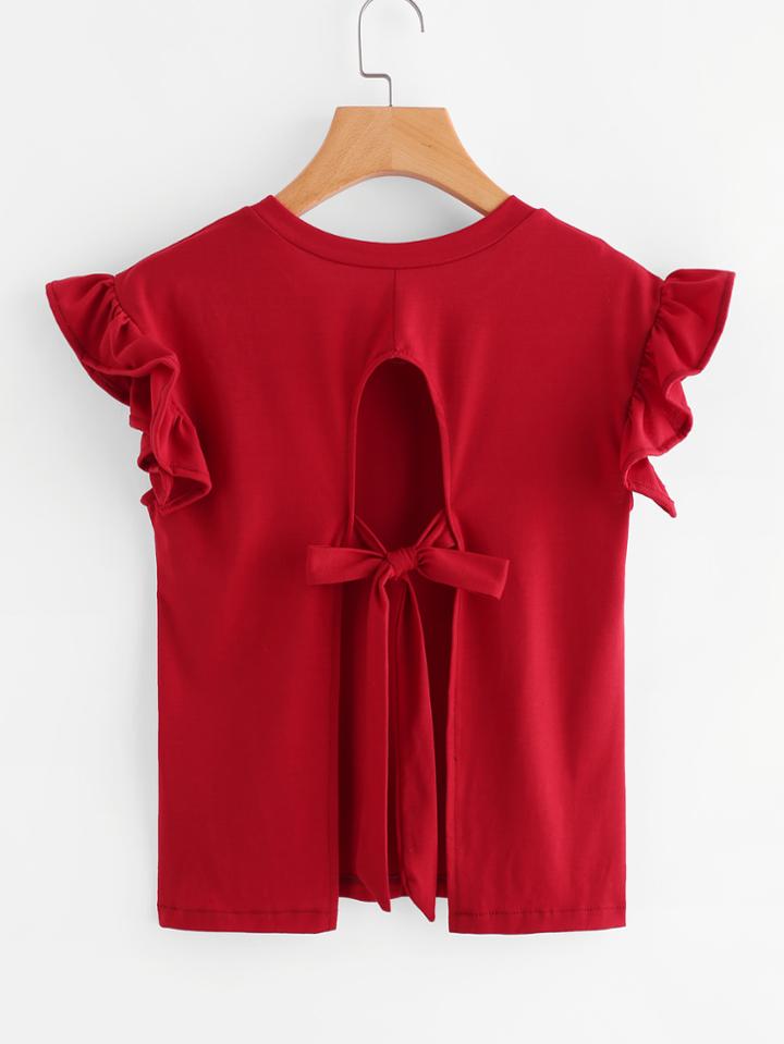 Romwe Ruffle Sleeve Tie Detail Open Back Tee