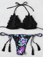 Romwe Calico Print Frill Detail Tassel Tie Bikini Set