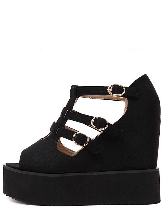 Romwe Caged Peep Toe Buckled Wedge Sandals