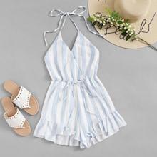 Romwe Striped Drawstring Waist Ruffle Hem Halter Playsuit