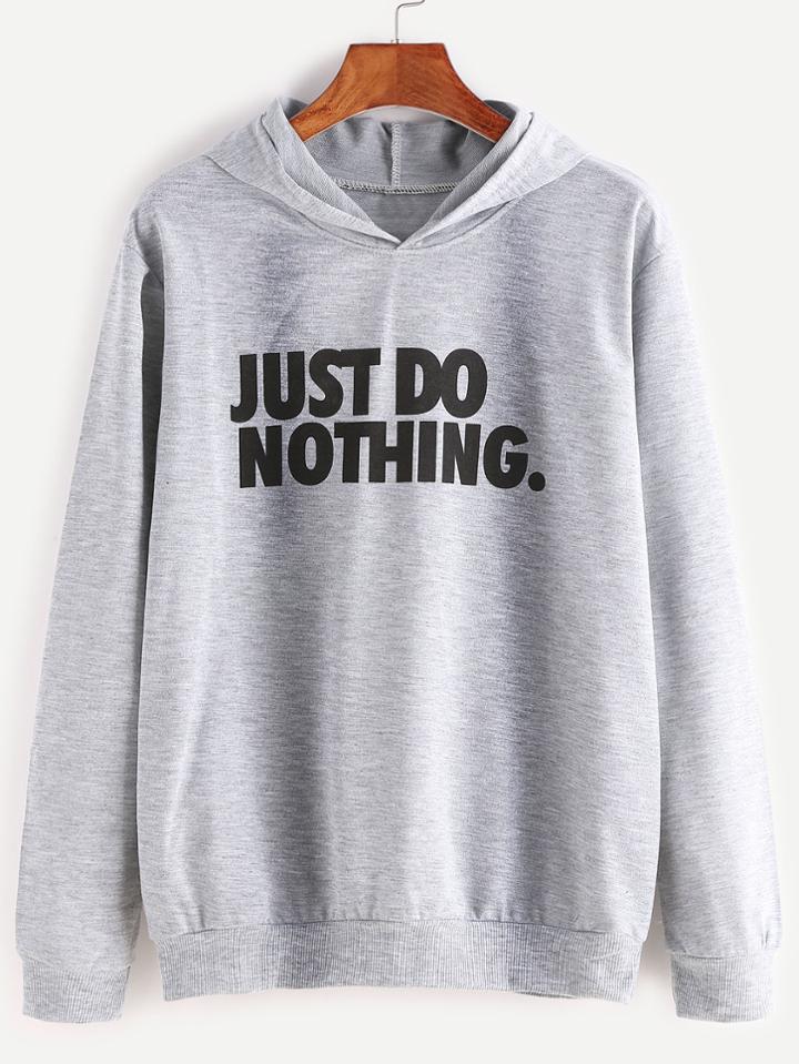 Romwe Pale Grey Slogan Print Hooded Sweatshirt