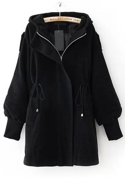 Romwe Hooded Drawstring Black Coat
