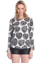 Romwe Romwe Leaves Print Asymmetric Black Long Sleeves Blouse