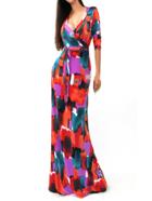 Romwe Deep Plunge Neck Ink Print Belt Maxi Dress