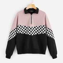 Romwe Half Placket Color-block Gingham Sweatshirt