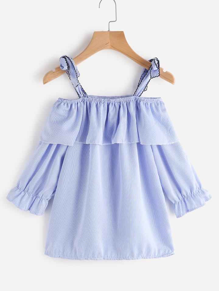 Romwe Vertical Striped Cold Shoulder Frill Layered Top