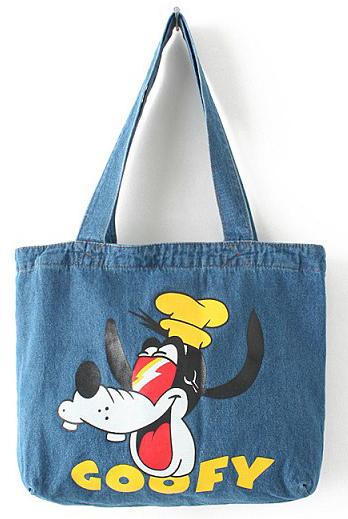 Romwe Blue Cartoon Dog Print Denim Bag