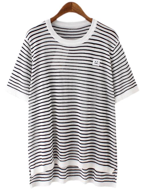 Romwe Black Short Sleeve Dip Hem Linen Stripe T-shirt