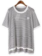 Romwe Black Short Sleeve Dip Hem Linen Stripe T-shirt