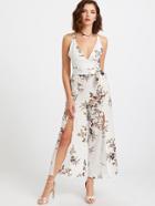 Romwe Plunging Self Tie M-slit Strappy Back Florals Jumpsuit