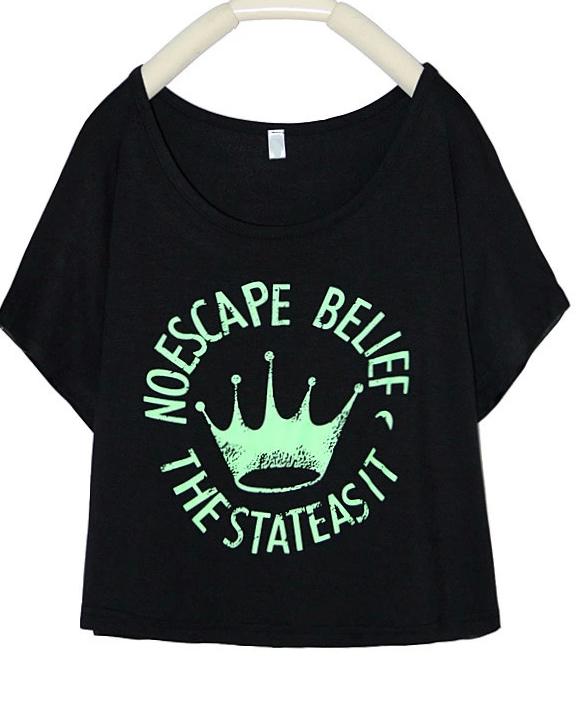 Romwe Black Short Sleeve Imperial Crown Print T-shirt
