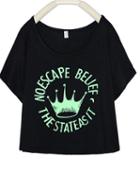 Romwe Black Short Sleeve Imperial Crown Print T-shirt