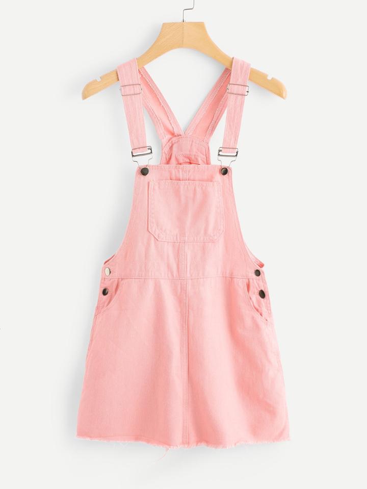Romwe Pocket Front Raw Hem Overall Denim Dress