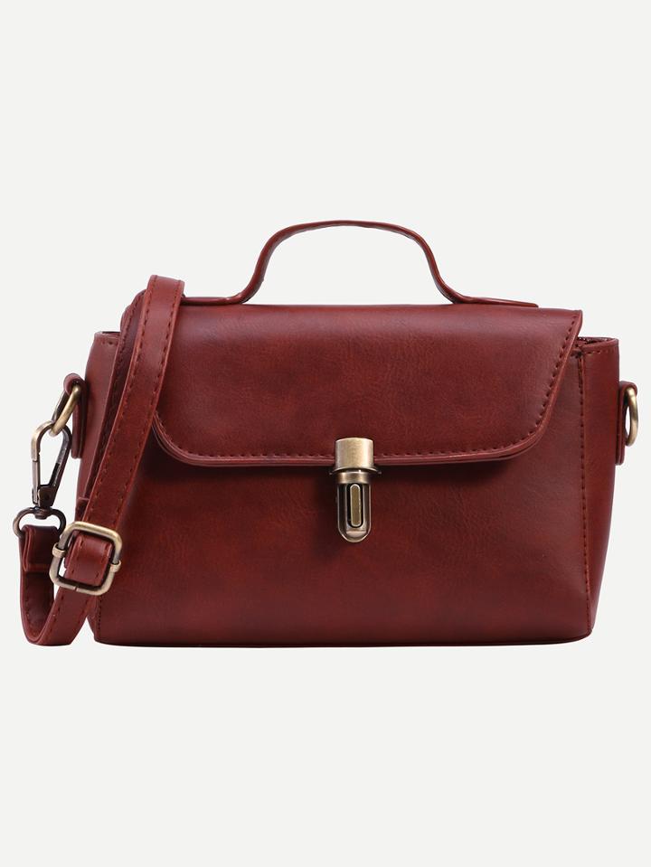 Romwe Burgundy Faux Leather Push Lock Satchel Bag