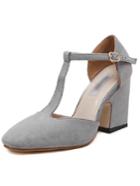 Romwe Gray Cow Suede T-strap Chunky Heel Pumps